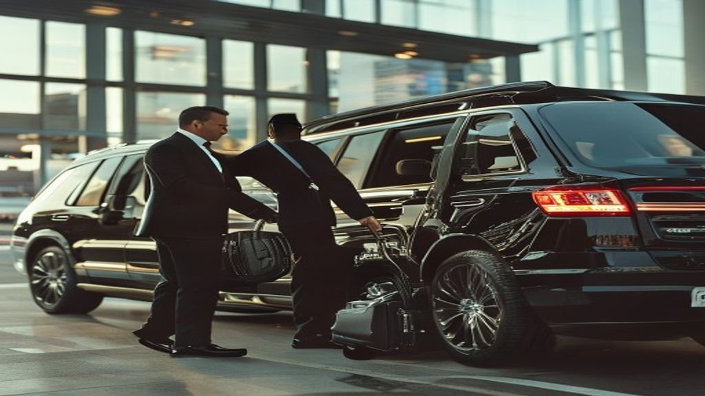 Professional chauffeur opening the door of a black luxury sedan in Atlanta